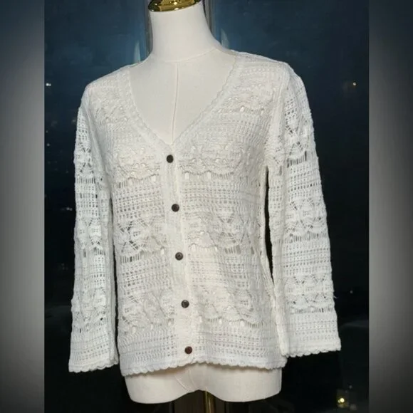 🆕 FARM Rio 🧿 NWOT White Crochet Button Up Cardigan Sweater, Sz S - Picture 10 of 15